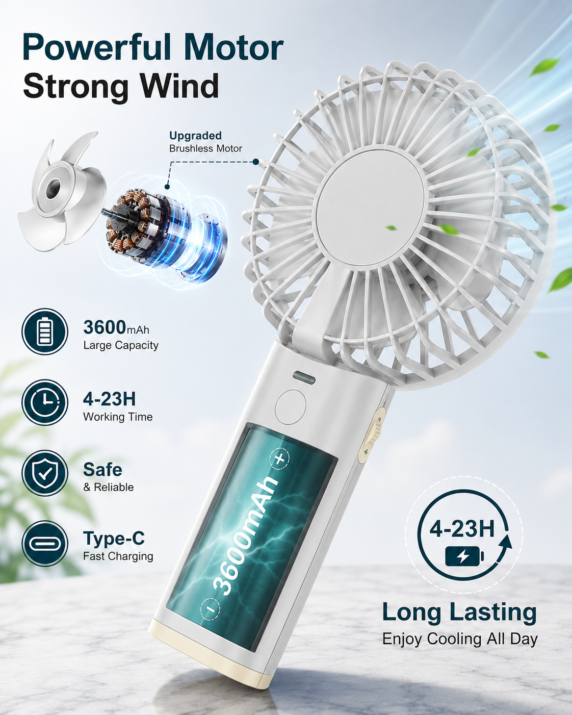 KALAMAN Handheld Fan, 12000 RPM 3600mAh Portable Hand Fan, Mini Personal Rechargeable Hand Held Fan, Max 15Hrs Battery Operated USB Small Fan with 5 Speeds