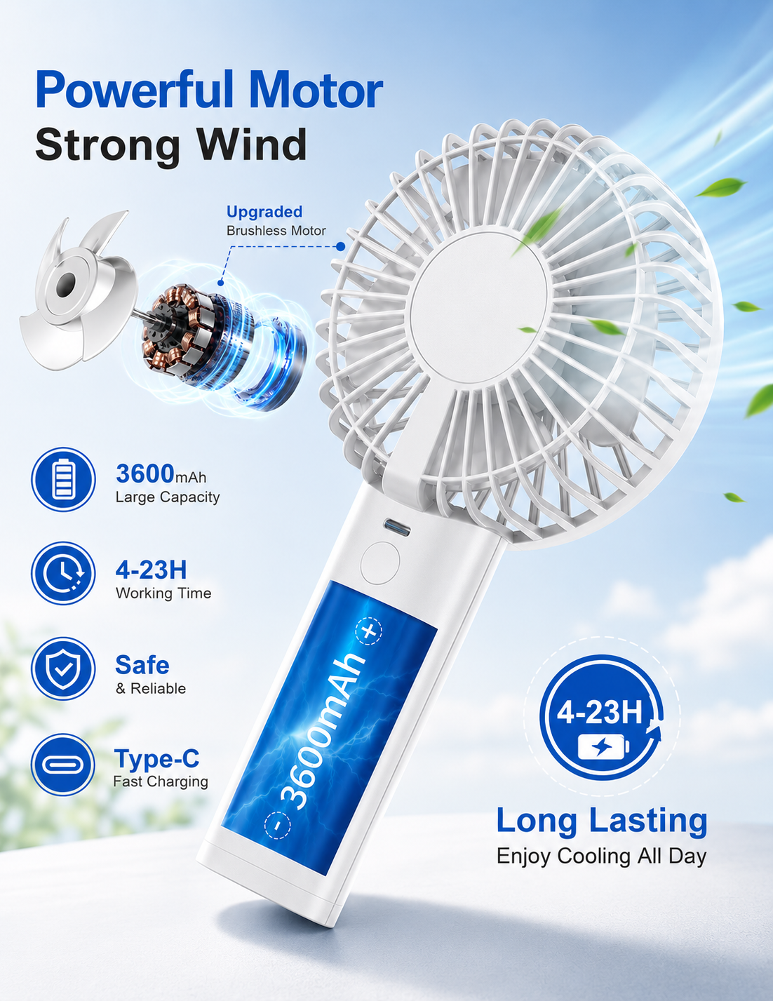 KALAMAN Handheld Fan, 12000 RPM 3600mAh Portable Hand Fan, Mini Personal Rechargeable Hand Held Fan, Max 15Hrs Battery Operated USB Small Fan with 5 Speeds