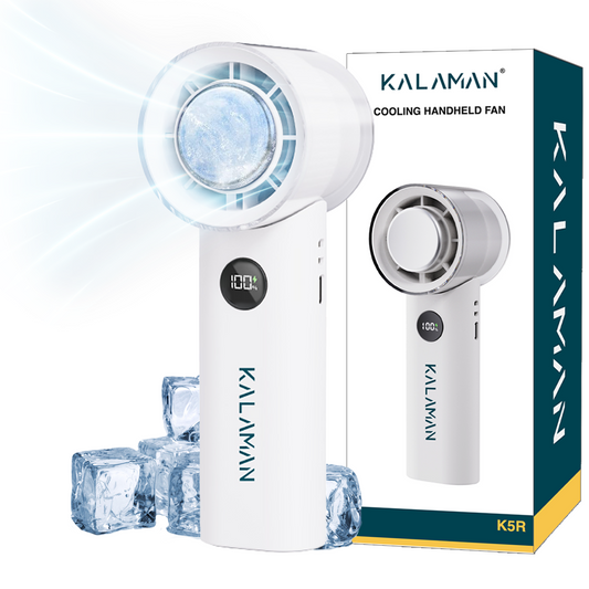 KALAMAN Handheld Portable Fan with Cooling Tech 5000mAh Rechargeable Personal Fan Up to 15H Cooling Time Powerful 12000 RPM