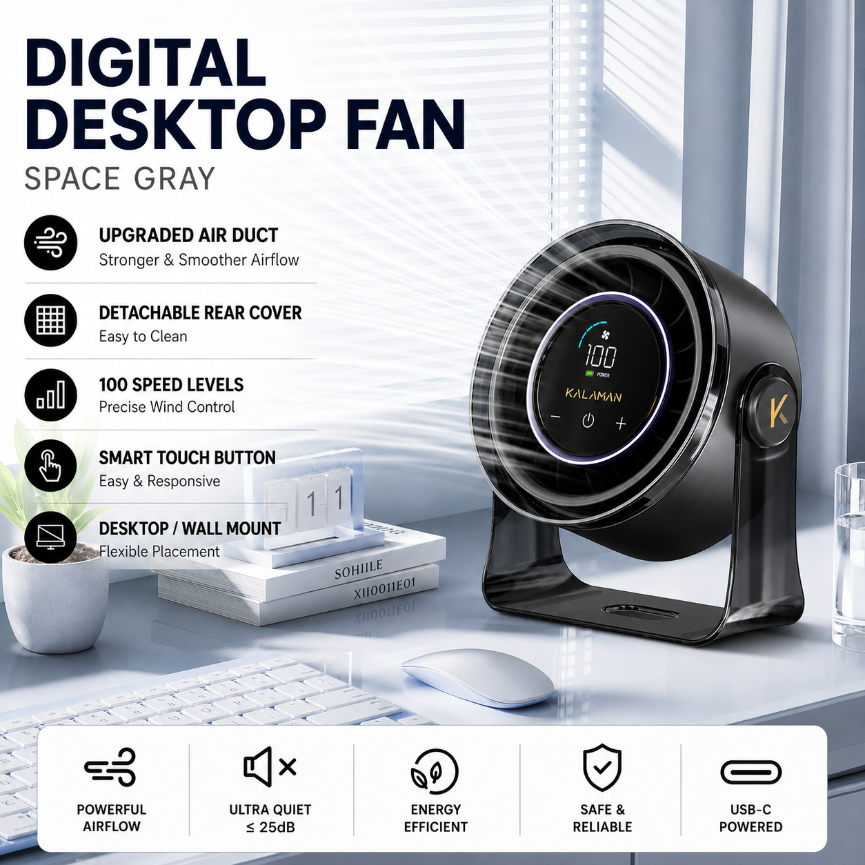 KALAMAN Desk Fan, 4000mAh Quiet Table Fan with Turbo Airflow, 6-Gear Speed Digital Display & 30° Adjustable Tilt, Rechargeable Battery Portable Fan (K4)