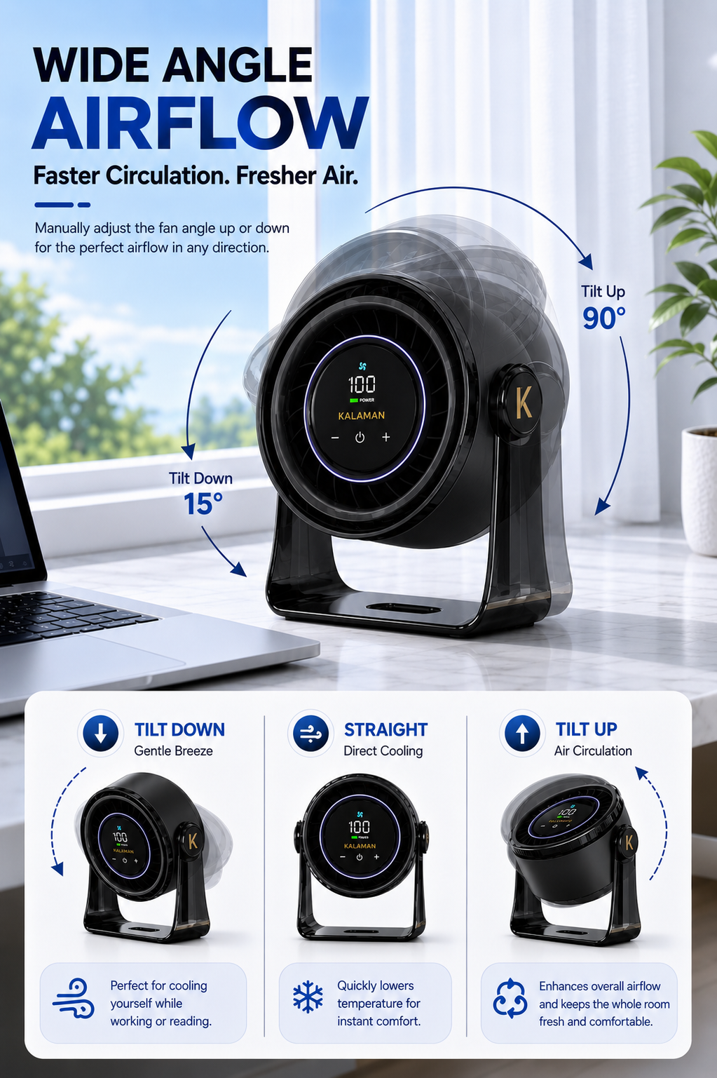 KALAMAN Desk Fan, 4000mAh Quiet Table Fan with Turbo Airflow, 6-Gear Speed Digital Display & 30° Adjustable Tilt, Rechargeable Battery Portable Fan (K4)