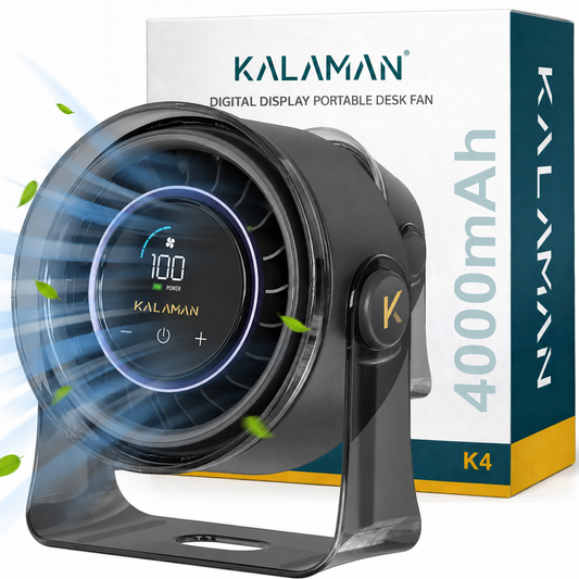 KALAMAN Desk Fan, 4000mAh Quiet Table Fan with Turbo Airflow, 6-Gear Speed Digital Display & 30° Adjustable Tilt, Rechargeable Battery Portable Fan (K4)