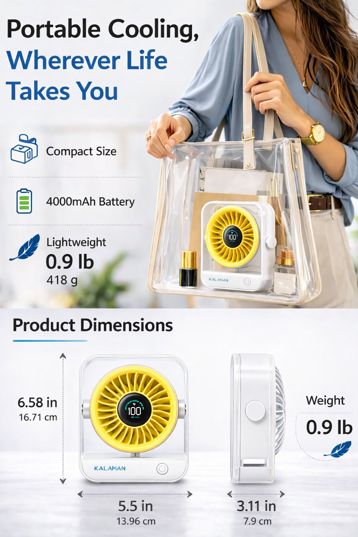 KALAMAN Desk Fan, 4000mAh Ultra Quiet Air Circulator Fan, 5 Speeds with Strong Airflow, 120° Rotate Portable Fan For Bedroom Home Office Desktop Travel