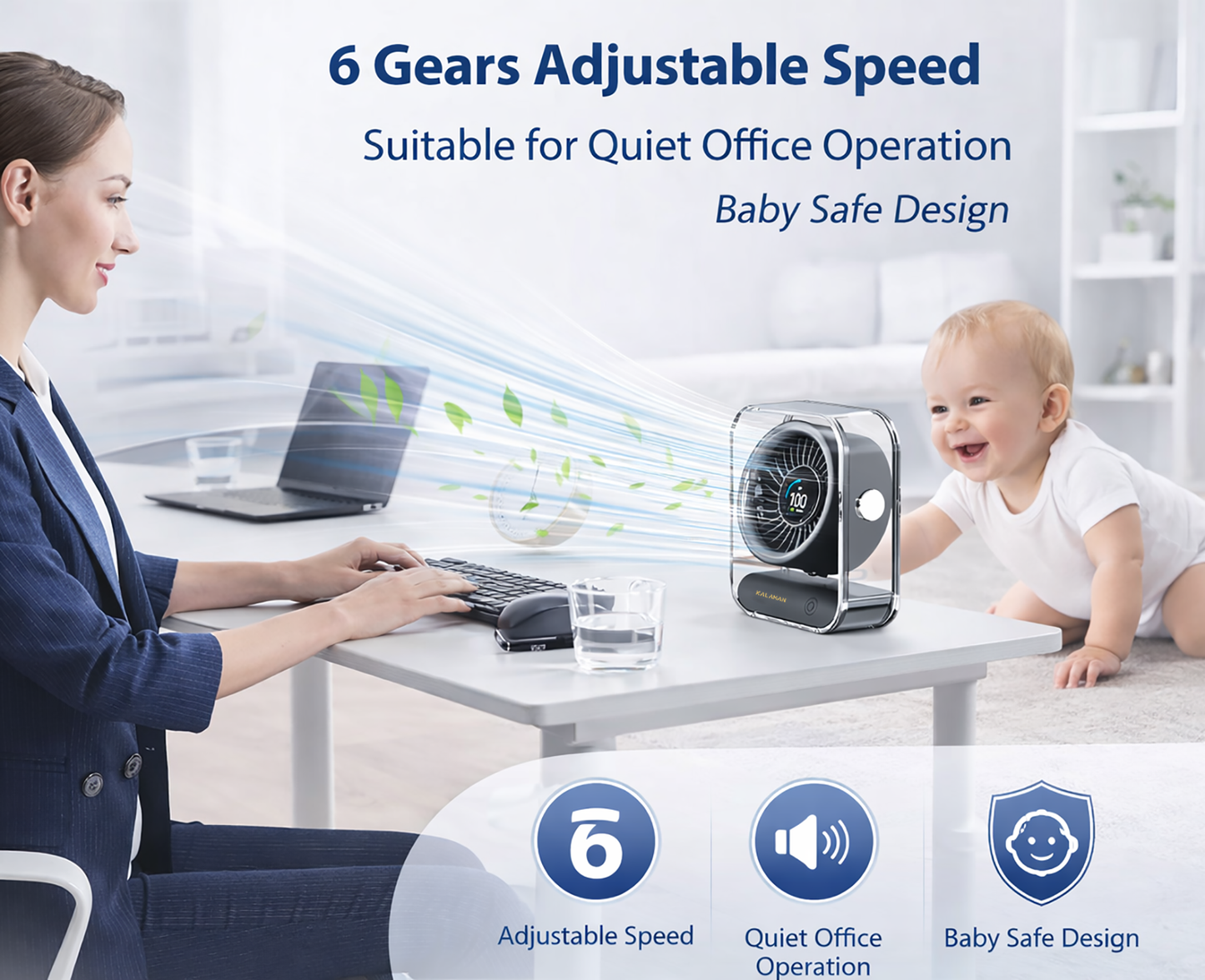 KALAMAN Desk Fan, 4000mAh Ultra Quiet Air Circulator Fan, 5 Speeds with Strong Airflow, 120° Rotate Portable Fan For Bedroom Home Office Desktop Travel