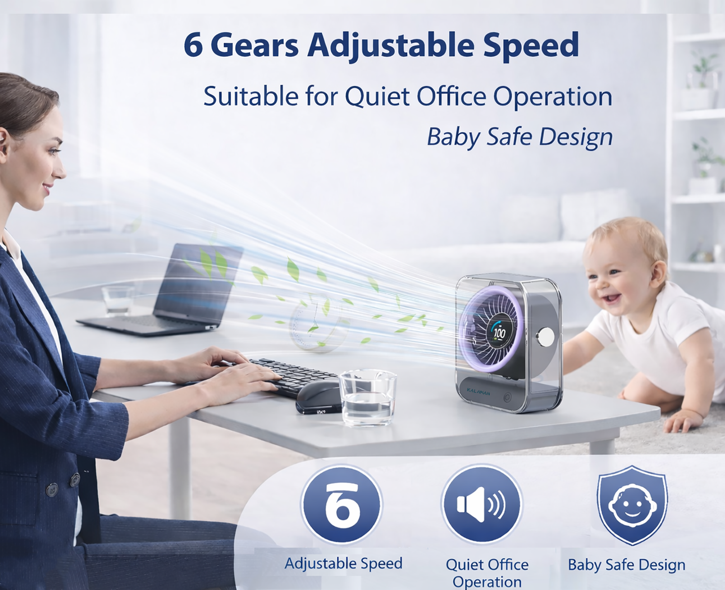 KALAMAN Desk Fan, 4000mAh Ultra Quiet Air Circulator Fan, 5 Speeds with Strong Airflow, 120° Rotate Portable Fan For Bedroom Home Office Desktop Travel