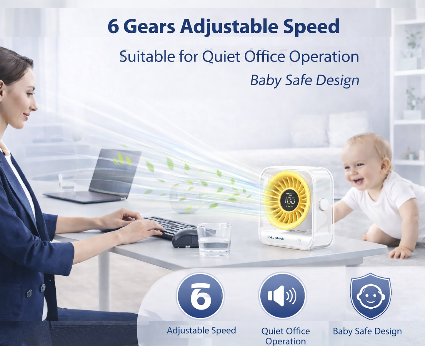 KALAMAN Desk Fan, 4000mAh Ultra Quiet Air Circulator Fan, 5 Speeds with Strong Airflow, 120° Rotate Portable Fan For Bedroom Home Office Desktop Travel