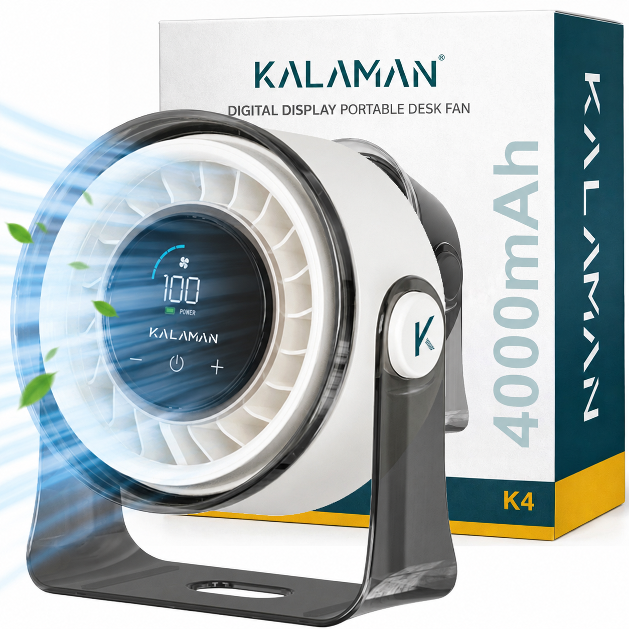 KALAMAN Desk Fan, 4000mAh Quiet Table Fan with Turbo Airflow, 6-Gear Speed Digital Display & 30° Adjustable Tilt, Rechargeable Battery Portable Fan (K4)