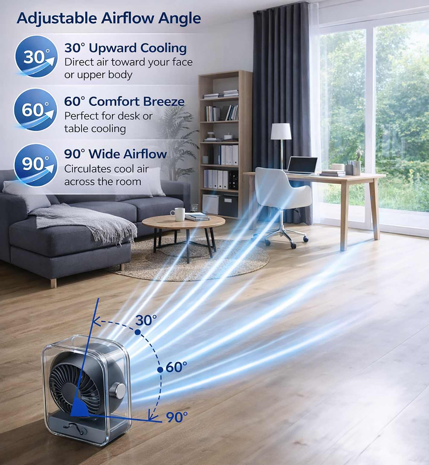 KALAMAN Desk Fan, 4000mAh Ultra Quiet Air Circulator Fan, 5 Speeds with Strong Airflow, 120° Rotate Portable Fan For Bedroom Home Office Desktop Travel