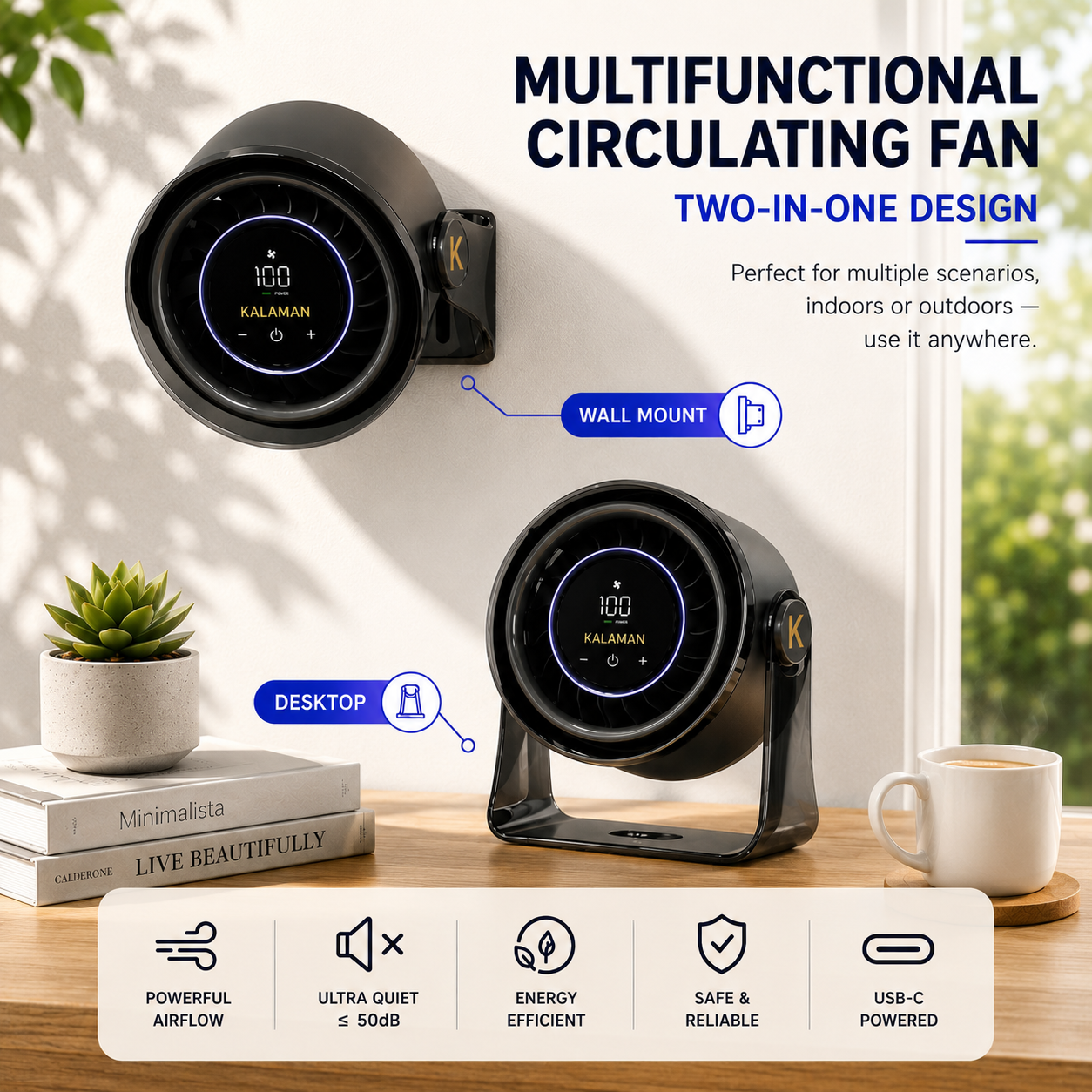 KALAMAN Desk Fan, 4000mAh Quiet Table Fan with Turbo Airflow, 6-Gear Speed Digital Display & 30° Adjustable Tilt, Rechargeable Battery Portable Fan (K4)