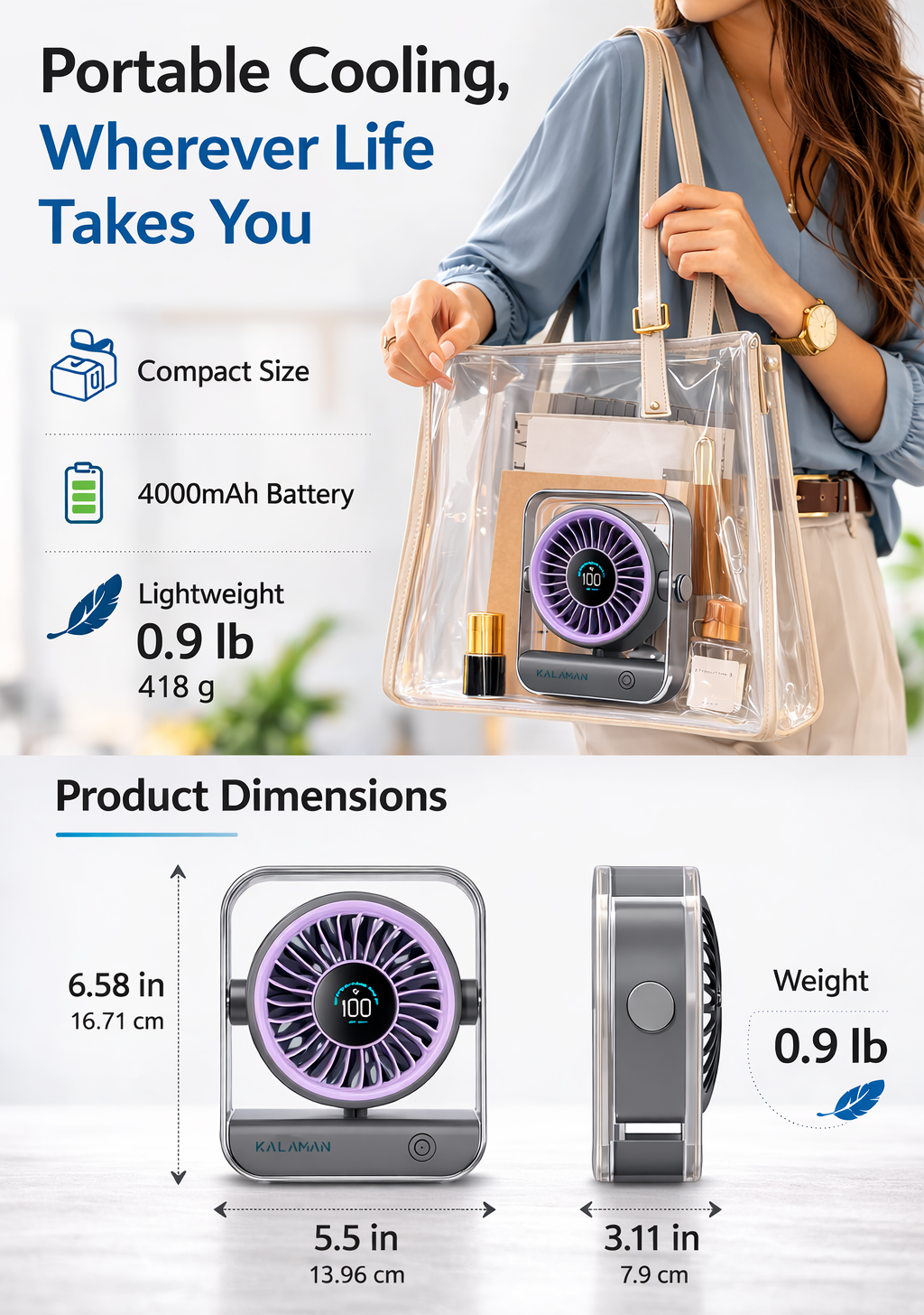 KALAMAN Desk Fan, 4000mAh Ultra Quiet Air Circulator Fan, 5 Speeds with Strong Airflow, 120° Rotate Portable Fan For Bedroom Home Office Desktop Travel