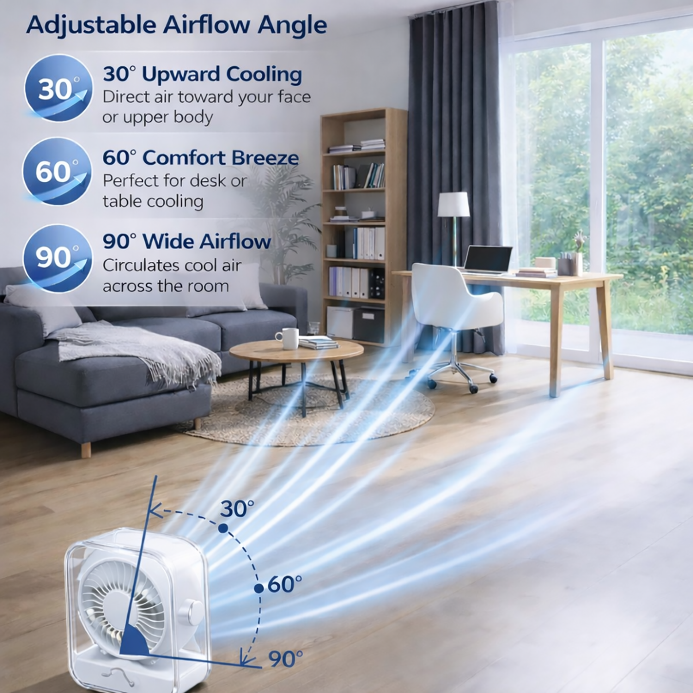 KALAMAN Desk Fan, 4000mAh Ultra Quiet Air Circulator Fan, 5 Speeds with Strong Airflow, 120° Rotate Portable Fan For Bedroom Home Office Desktop Travel